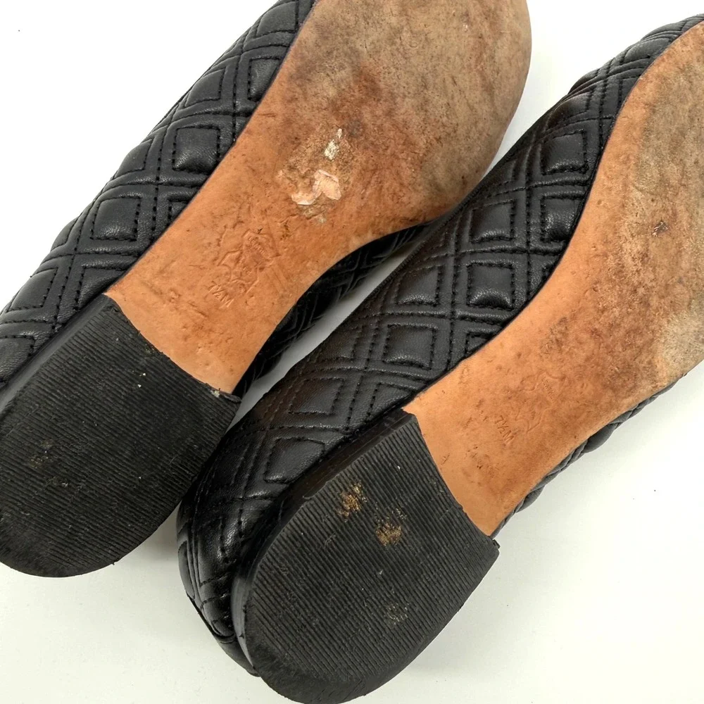 Tory Burch Marion 7.5M Quilted Leather Ballet Flats Bow Black Round Toe Minimal